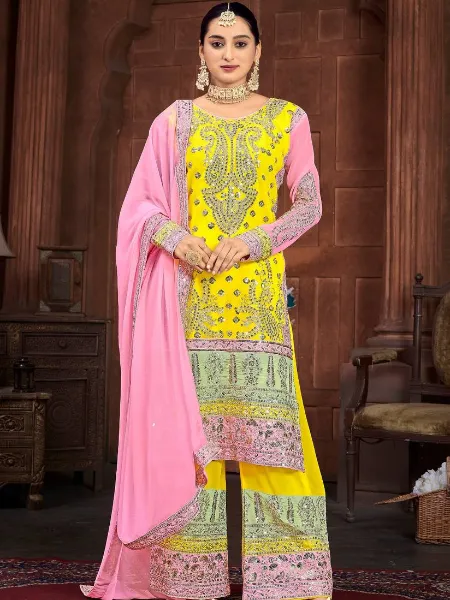 Yellow Top Palazzo Eid Suit With Heavy Embroidery and Sequence Work