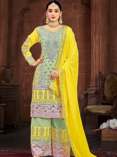 Pista Top Palazzo Eid Suit With Heavy Embroidery and Sequence Work