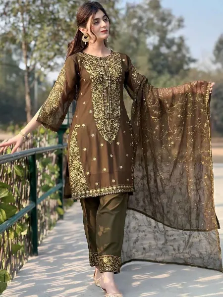 Brown Eid Dress in Georgette Top Pant With Dupatta and Sequence Embroidery