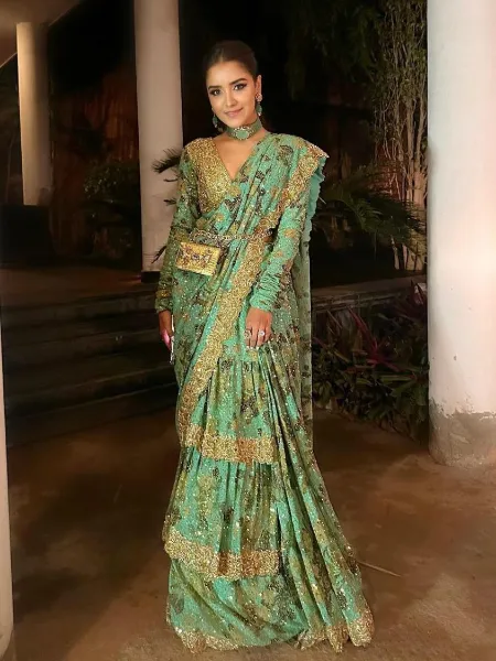 Green Color Ready to Wear Saree With Ruffle and Embroidery Work With Readymade Blouse