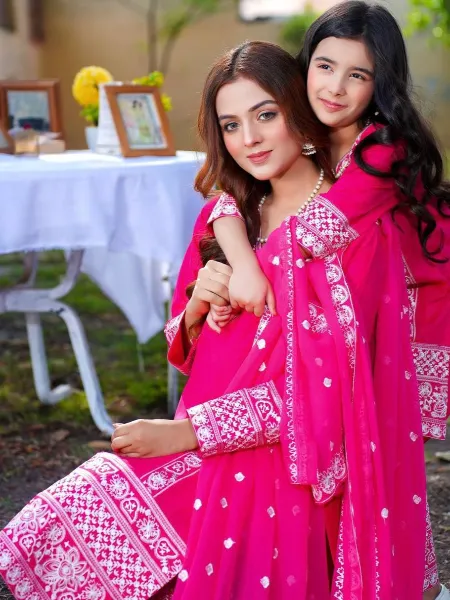 Mother Daughter Combo in Pink Georgette Top Pant With Dupatta Ready to Wear