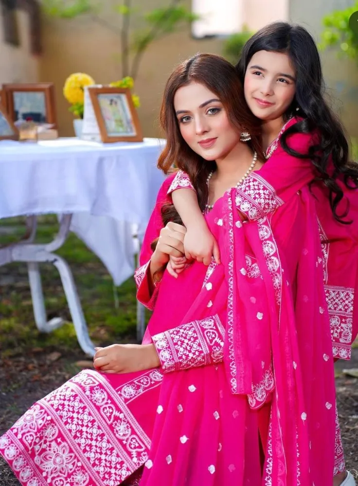Mother Daughter Combo in Pink Georgette Top Pant With Dupatta