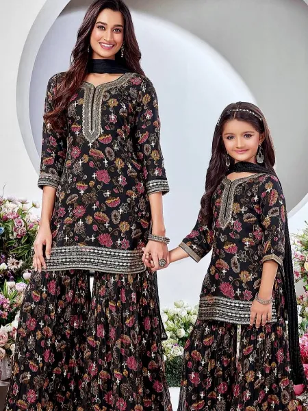 Mother Daughter Combo in Black Georgette Top Sharara With Dupatta Ready to Wear