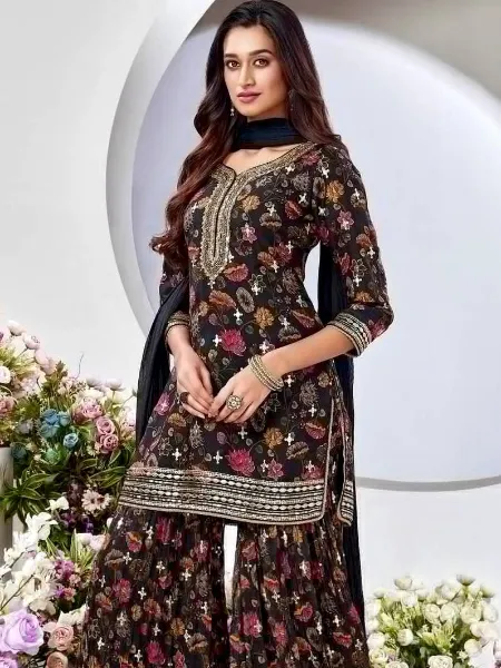Black Georgette Top Sharara With Dupatta With Digital Print and Embroidery