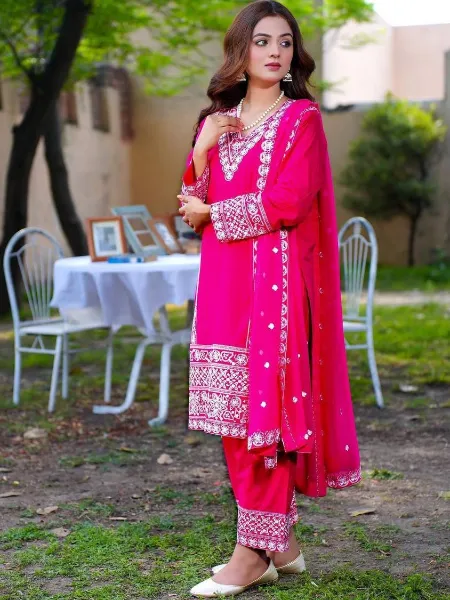 Pink Color Georgette Top Pant With Dupatta and Embroidery Work Ready to Wear