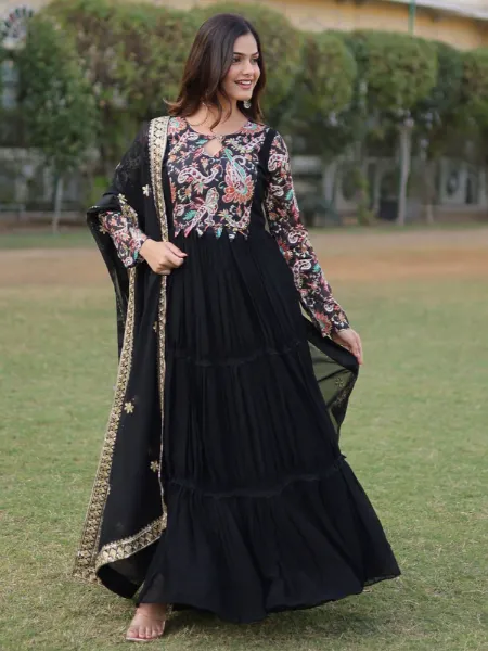 Black Color Gown in Georgette With Floral Print and 12 Meter Big Flair