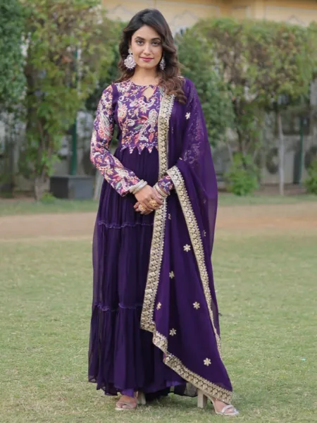 Purple Color Gown in Georgette With Floral Print and 12 Meter Big Flair