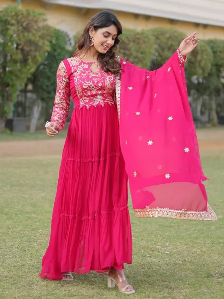 Pink Color Gown in Georgette With Floral Print and 12 Meter Big Flair