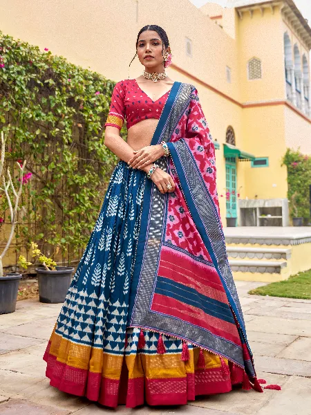Blue Lehenga Choli in Tussar Silk With Print and Foil Work With Dupatta