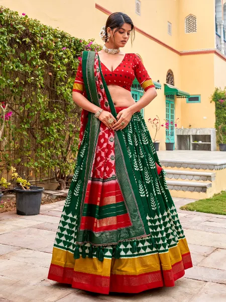 Green Lehenga Choli in Tussar Silk With Print and Foil Work With Dupatta