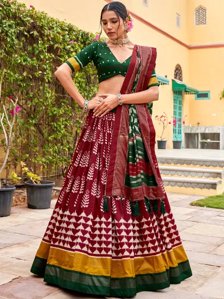 Maroon Lehenga Choli in Tussar Silk With Print and Foil Work With Dupatta