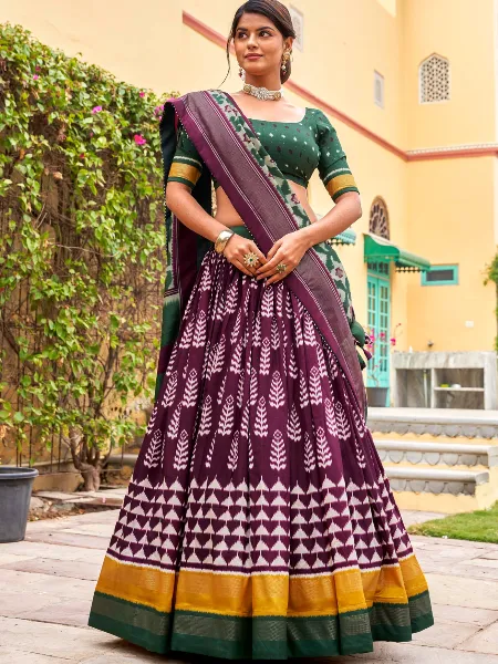 Wine Lehenga Choli in Tussar Silk With Print and Foil Work With Dupatta