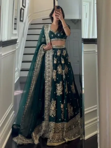 Green Color Bridal Lehenga Choli With Heavy Embroidery Work in Japan Satin