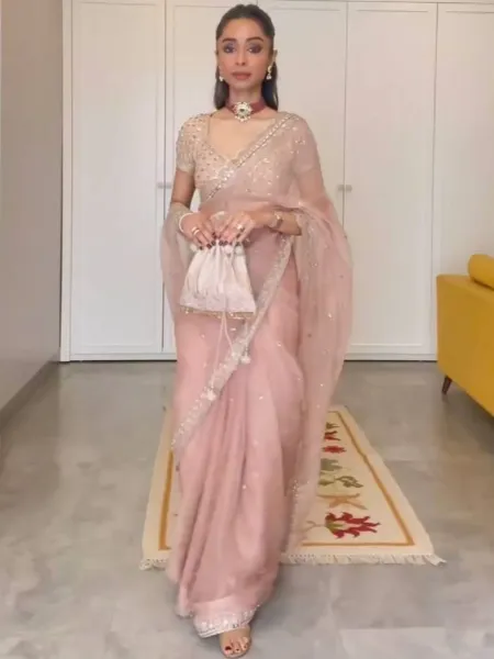 Light Pink Color Saree in Organza With Thread and Sequence Embroidery Work
