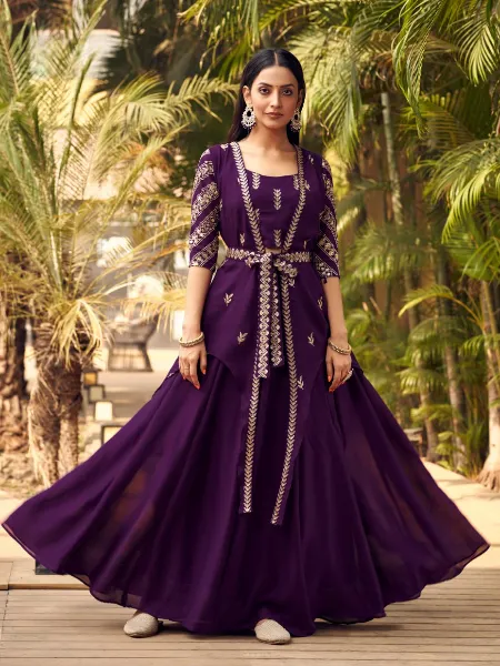 Wine Ready to Wear Lehenga Choli With Shrug and Embroidery in Vichitra Silk