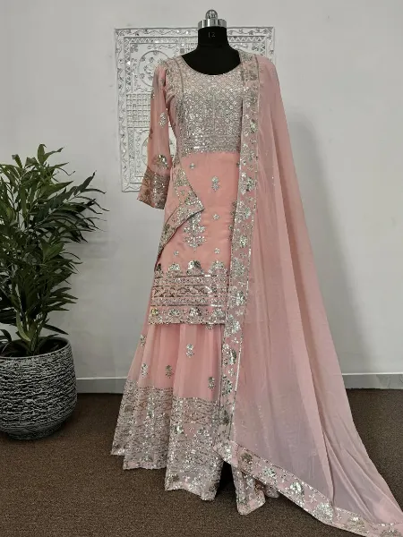 Peach Designer Top Sharara Suit in Georgette With Sequence Embroidery Work