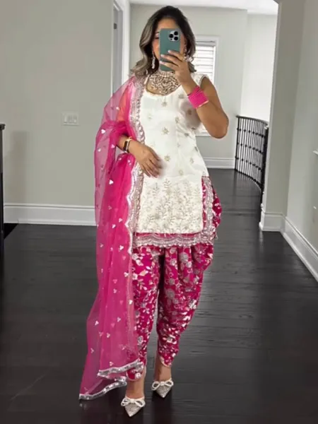 Punjabi Patiyala Suit in White Georgette With Pink Dhoti With Sequence Work