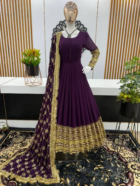 Wine Color Georgette Gown With Sequence and Embroidery Work With Dupatta