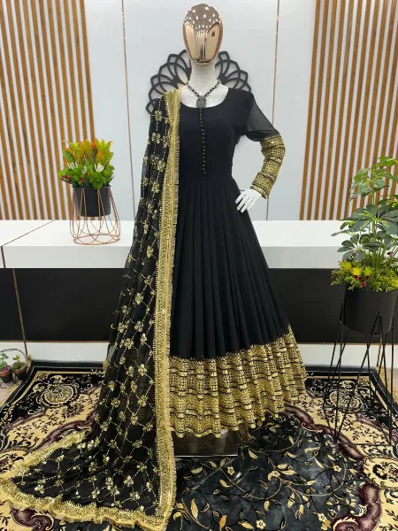 Black Color Georgette Gown With Sequence and Embroidery Work With Dupatta