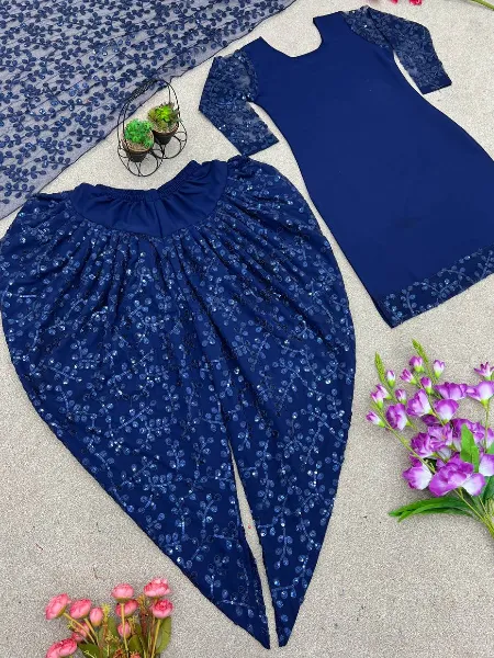 Navy Blue Punjabi Patiyala Suit in Georgette With Dhoti and Sequence Work