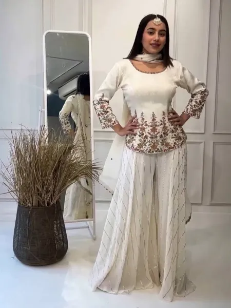 White Top Palazzo Suit With Heavy Embroidery and Sequence Work With Dupatta