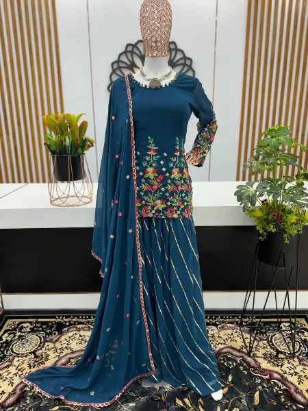 Blue Top Palazzo Suit With Heavy Embroidery and Sequence Work With Dupatta