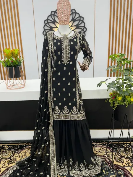 Black Top Sharara Suit With Heavy Embroidery and Sequence Work With Dupatta