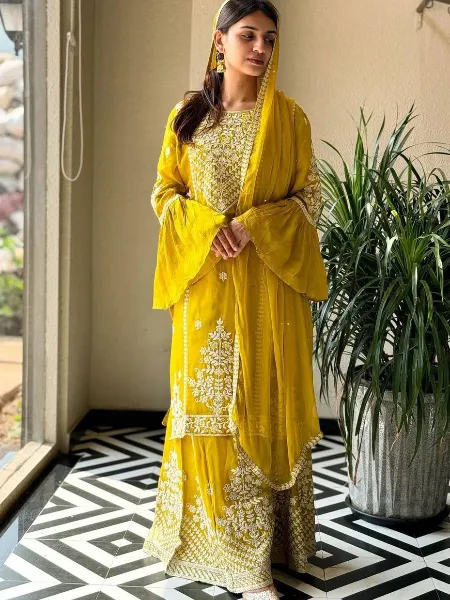 Yellow Top Palazzo Suit With Heavy Embroidery and Sequence Work With Dupatta
