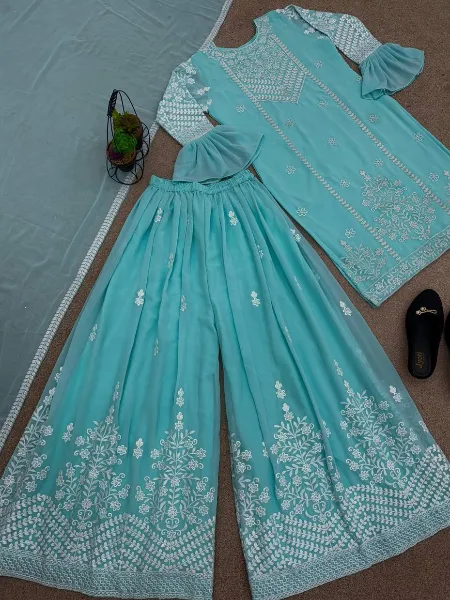 Aqua Green Top Palazzo Suit With Heavy Embroidery and Sequence Work With Dupatta