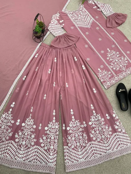 Dusty Pink Top Palazzo Suit With Heavy Embroidery and Sequence Work With Dupatta