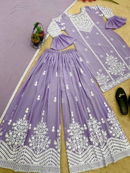Lavender Top Palazzo Suit With Heavy Embroidery and Sequence Work With Dupatta