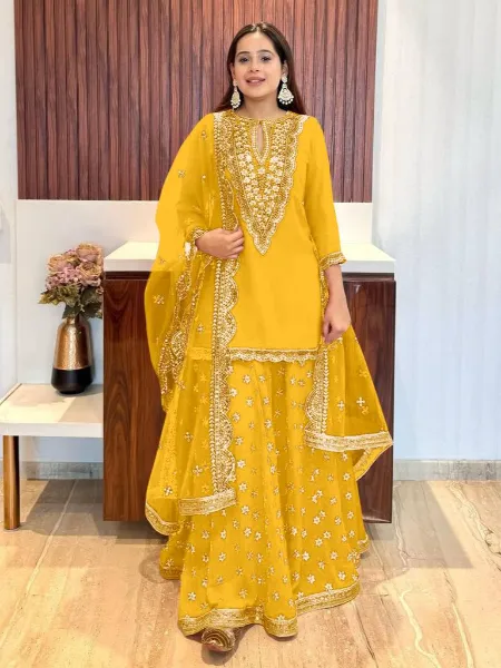 Yellow Top Palazzo Suit With Heavy Embroidery and Sequence Work With Dupatta
