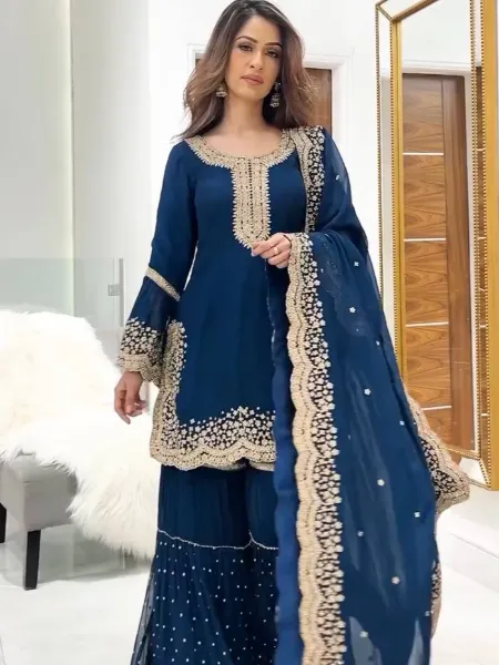 Blue Top Sharara Suit With Heavy Embroidery and Sequence Work With Dupatta