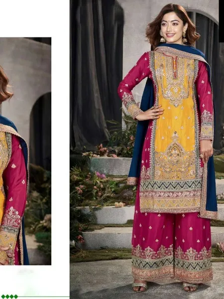 Yellow Top With Palazzo Eid Suit With Heavy Embroidery and Sequence Work