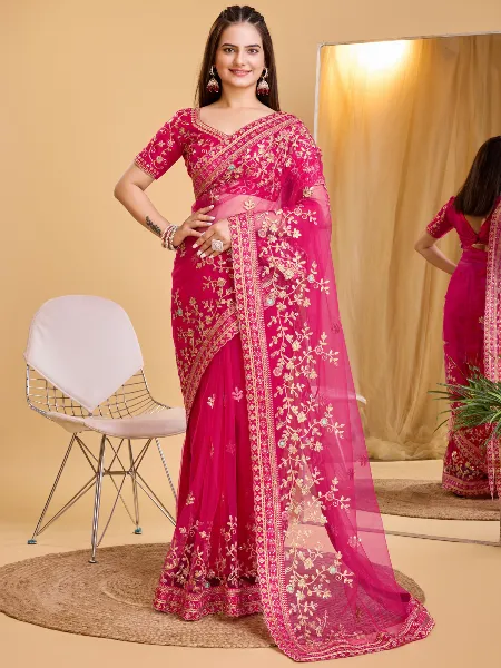 Pink Butterfly Soft Net Indian Sari With Coding Sequence and Cut Work Border