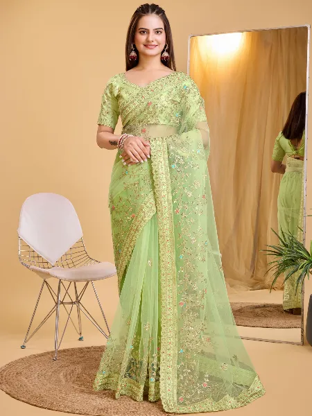 Pista Butterfly Soft Net Indian Sari With Coding Sequence and Cut Work Border