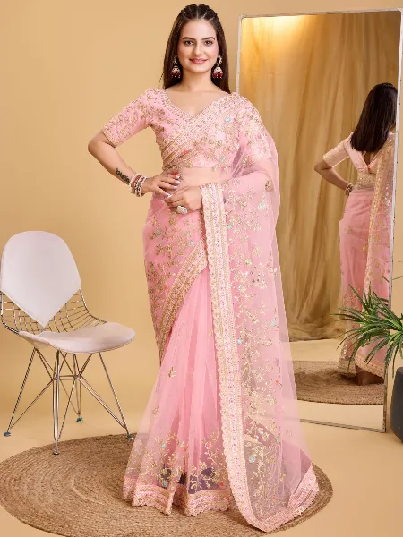 Peach Butterfly Soft Net Indian Sari With Coding Sequence and Cut Work Border