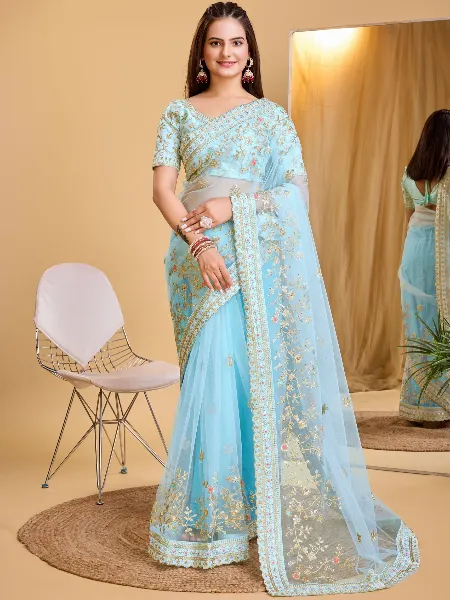 Sky Blue Butterfly Soft Net Indian Sari With Coding Sequence and Cut Work Border