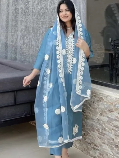 Eid Festival Salwar Kameez in Grey Maska Silk With Embroidery and Dupatta