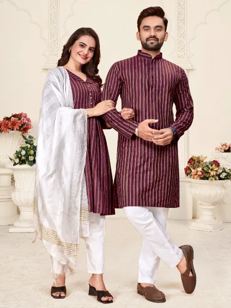 Purple Couple Combo in Linen Cotton for Women Kurti With Men's Kurta Set