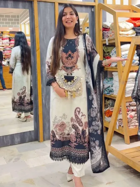 White Color Maslin Suit With Pant and Dupatta With Digital Print Eid 2024 Dress