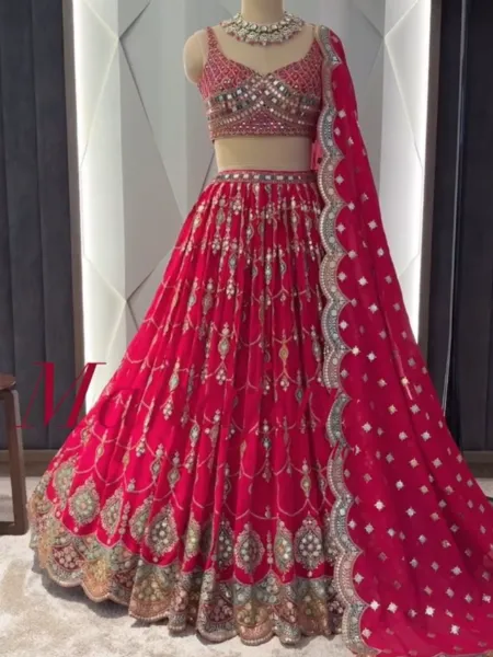Pink Bridal Lehenga Choli in Georgette With Sequins Embroidery and Real Mirror