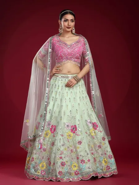 Sky Blue Lehenga With Pink Choli in Georgette With Sequins and Real Mirror