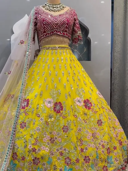 Yellow Lehenga With Pink Choli in Georgette With Sequins and Real Mirror
