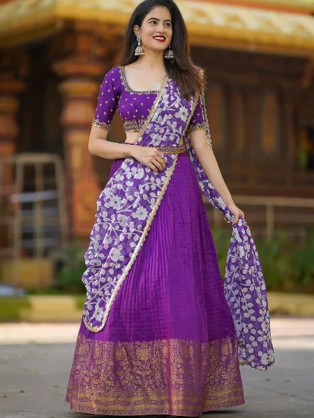 Purple South Indian Lehenga Choli With Weaving Work Ready to Wear Lehenga