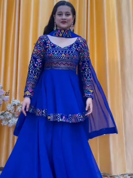 Royal Blue Top Palazzo Set With Dupatta in Georgette with Embroidery Trending Dress