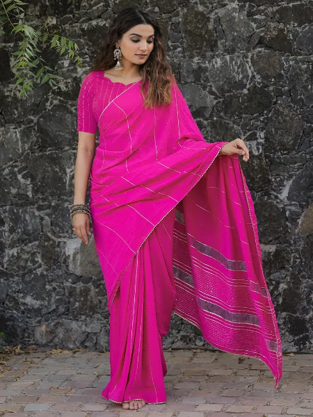 Pink Viscose Chanderi Saree With Sequins Zari Line Indian Sari With Blouse