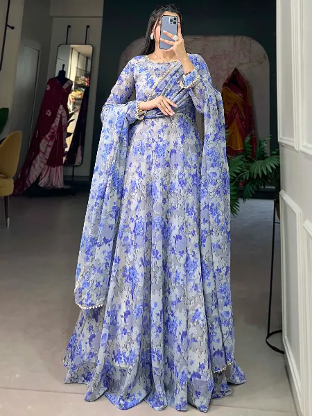 Sky Blue Color Georgette Gown With Floral Print and Dupatta Readymade Gown
