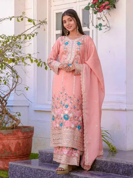 Peach Chinon Salwar Suit With Pant and Dupatta With Heavy Embroidery Work