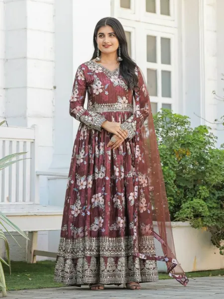 Brown Color Heavy Designer Gown in Chinon With Print and Sequence Embroidery